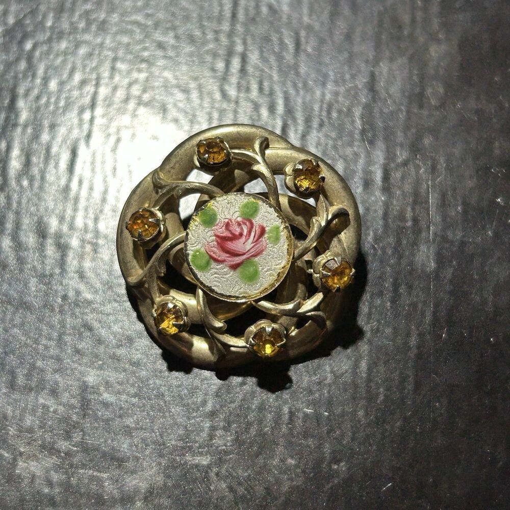 Vintage Brooch Amber Rhinestone Painted Enamel Flower Gold Metal Round